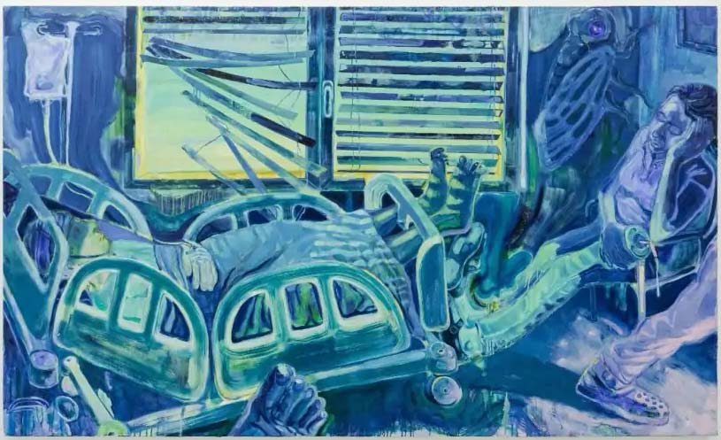 Pietro Moretti, La visite, une autre visite (2022 ; huile sur toile, 150 x 250 cm)