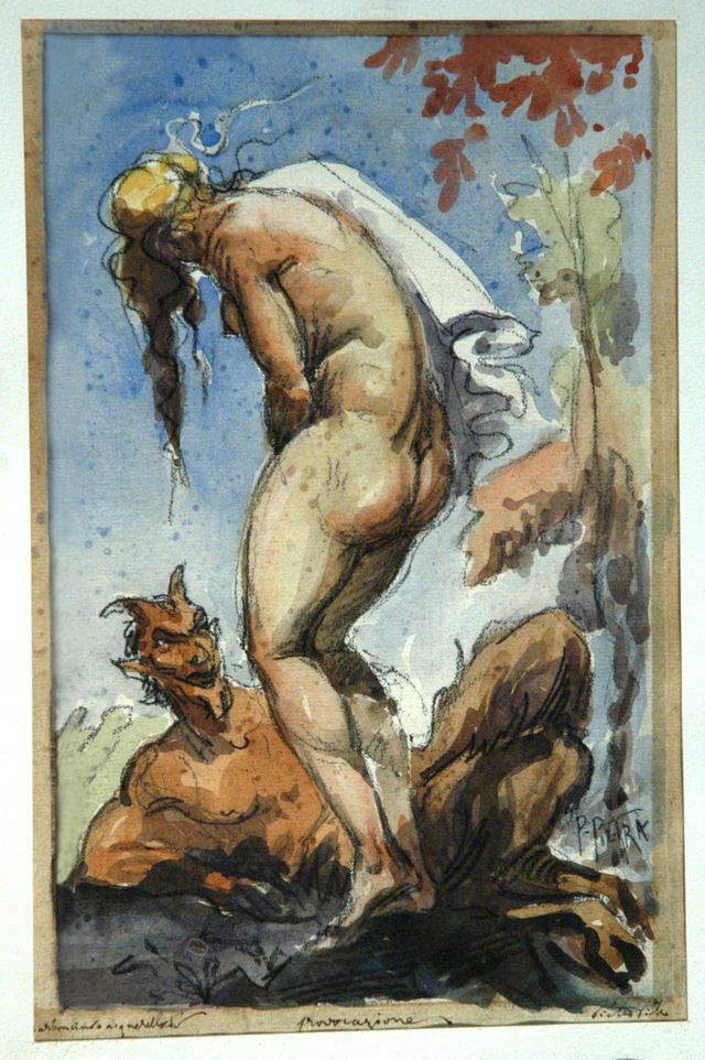 Pietro Pietra, Provocación (carboncillo y acuarela sobre papel; Campobasso, Museo Palazzo Pistilli)