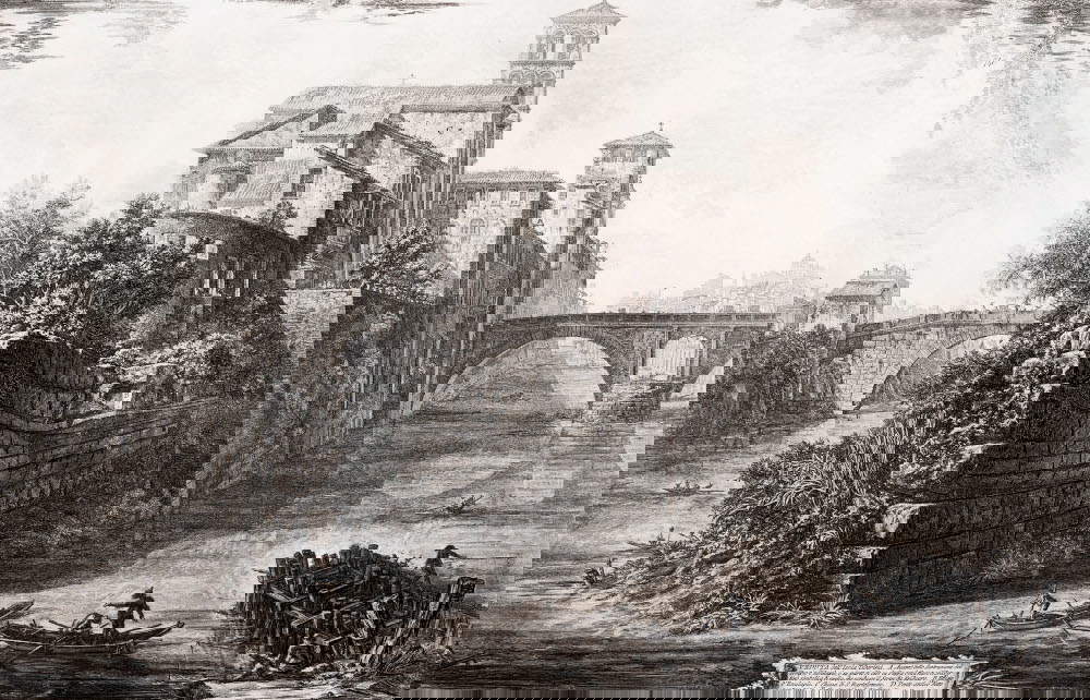 Giovanni Battista Piranesi, Veduta dell'Isola Tiberina (acquaforte su rame con interventi a bulino; Perugia, Galleria Nazionale dell’Umbria)
