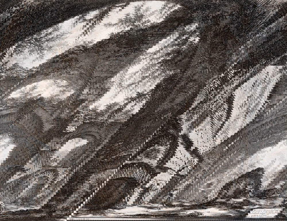 Giovanni Battista Piranesi, Rovina d'una Galleria di Statue nella Villa Adriana a Tivoli (acquaforte su rame con interventi a bulino; Perugia, Galleria Nazionale dell'Umbria)
