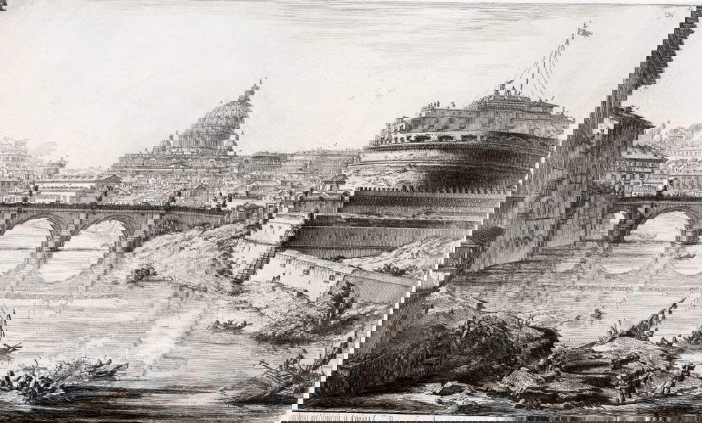 Giovanni Battista Piranesi, Veduta del ponte e Castello Sant'Angelo (acquaforte su rame con interventi a bulino; Perugia, Galleria Nazionale dell’Umbria)