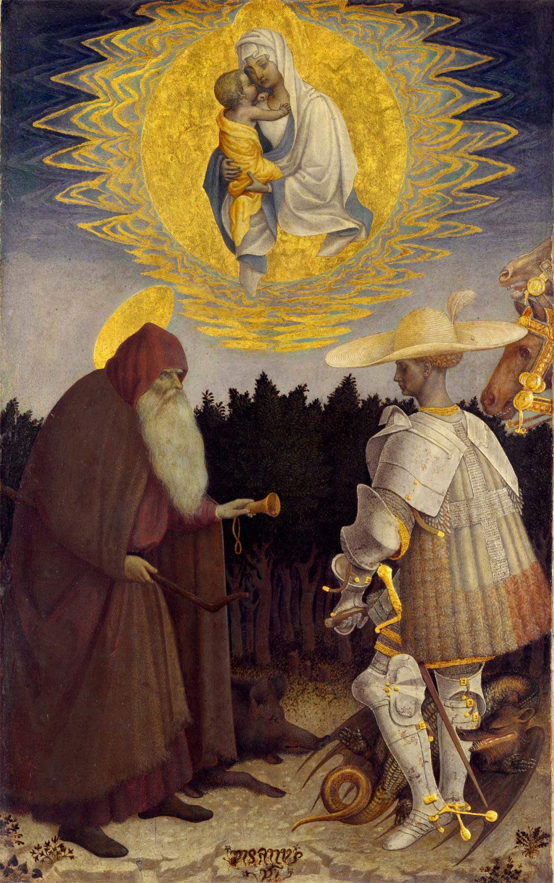 Pisanello, Madonna col Bambino e i santi Antonio e Giorgio (1435-1441; tempera su tavola, 46,5 x 29 cm; Londra, National Gallery) Pisanello, Madonna col Bambino e i santi Antonio e Giorgio (1435-1441; tempera su tavola, 46,5 x 29 cm; Londra, National Gallery)