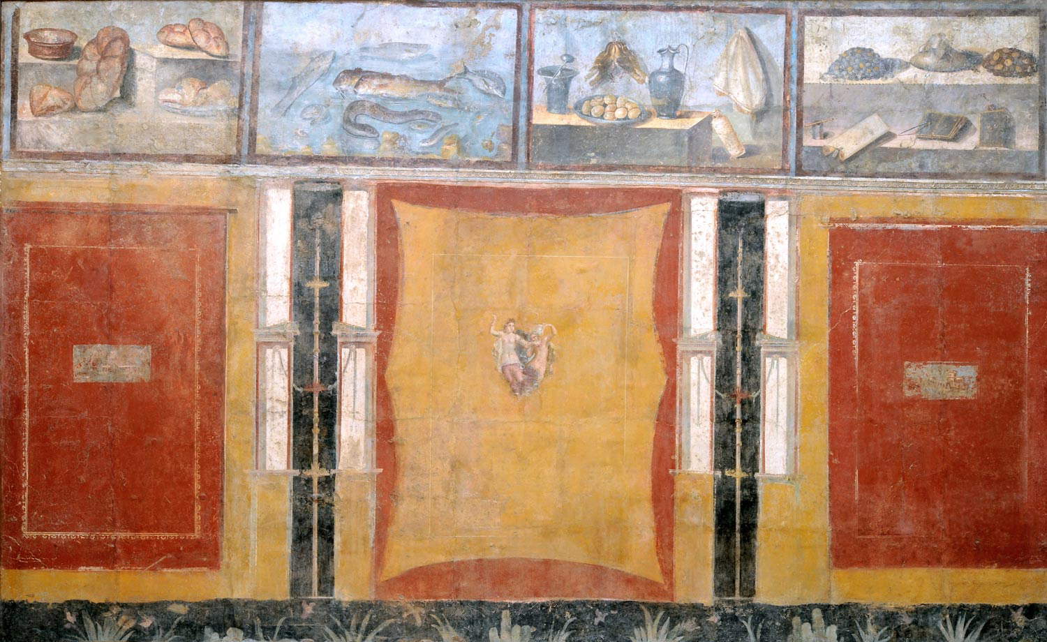 Parete in IV stile con Nature Morte (xenia) (Pompei, Praedia di Iulia Felix, Reg. II, 4, 3, tablino (92), parete sud; I secolo d.C.; affresco, 298 x 447 Napoli, MANN, Inv. 8598) Parete in IV stile con Nature Morte (xenia) (Pompei, Praedia di Iulia Felix, Reg. II, 4, 3, tablino (92), parete sud; I secolo d.C.; affresco, 298 x 447 Napoli, MANN, Inv. 8598)
