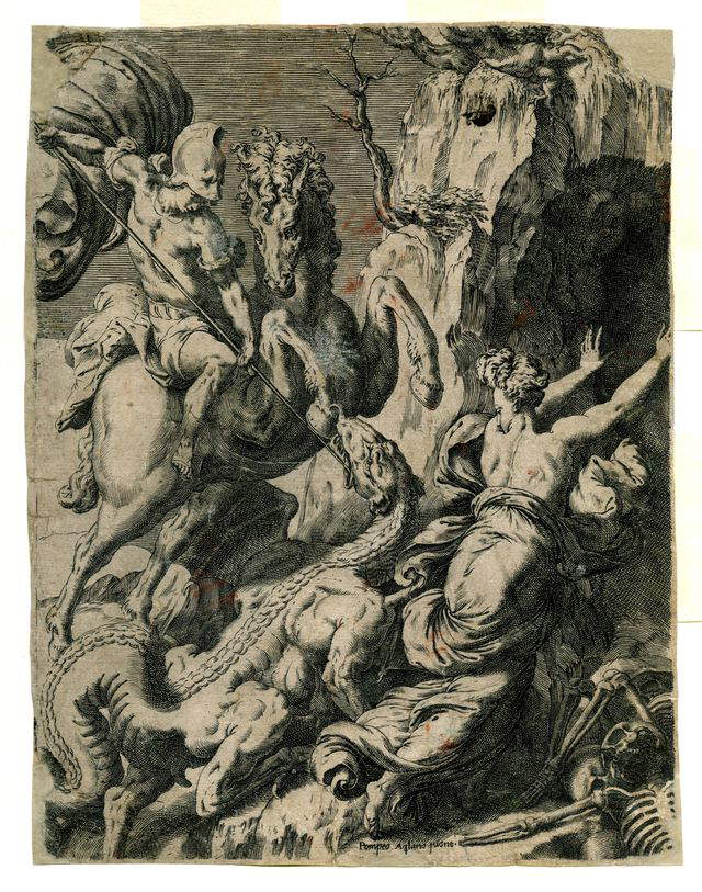 Pompeo Aquilano, San Jorge y el dragón (mediados del siglo XVI; grabado a buril; Venafro, Museo Nazionale del Molise - Castello Pandone)