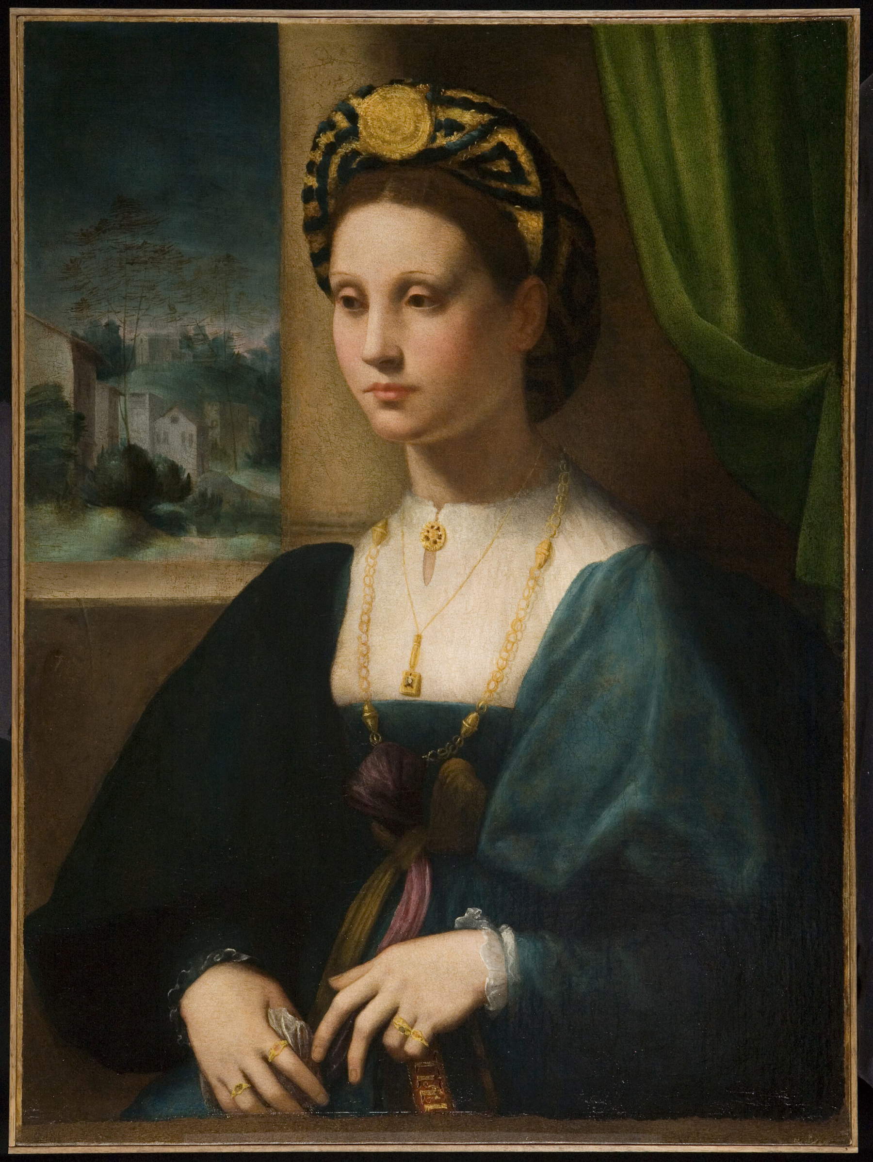 Domenico Puligo, Portrait d'une dame (vers 1525 ; huile sur panneau transférée sur toile, 87,29 x 64,43 cm ; Muncie, David Owsley Museum of Art at Ball State University)
