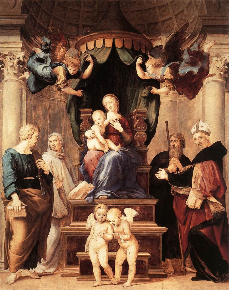 Raphaël, Madone du Baldacchino (1506-1508 ; huile sur toile, 279 x 217 cm ; Florence, Palais Pitti) Raphaël, Madone du Baldacchino (1506-1508 ; huile sur toile, 279 x 217 cm ; Florence, Palais Pitti)