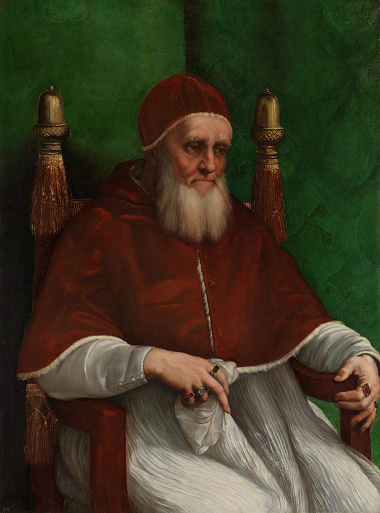 Raffaello, Ritratto di papa Giulio II (1511-1512; olio su tavola, 108,7 x 80 cm; Londra, National Gallery) Raffaello, Ritratto di papa Giulio II (1511-1512; olio su tavola, 108,7 x 80 cm; Londra, National Gallery)
