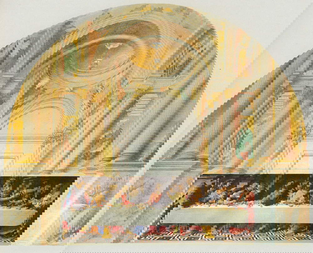 Gesamtansicht der Vorderwand des Refektoriums. Correggios feierlicher klassizistischer Tempel von außergewöhnlicher architektonischer Konzeption enthält unter der zentralen Kuppel das Letzte Abendmahl, das von Girolamo Bonsignori im Kloster der Grazien in Mailand kopiert wurde, ein Werk von Leonardo.