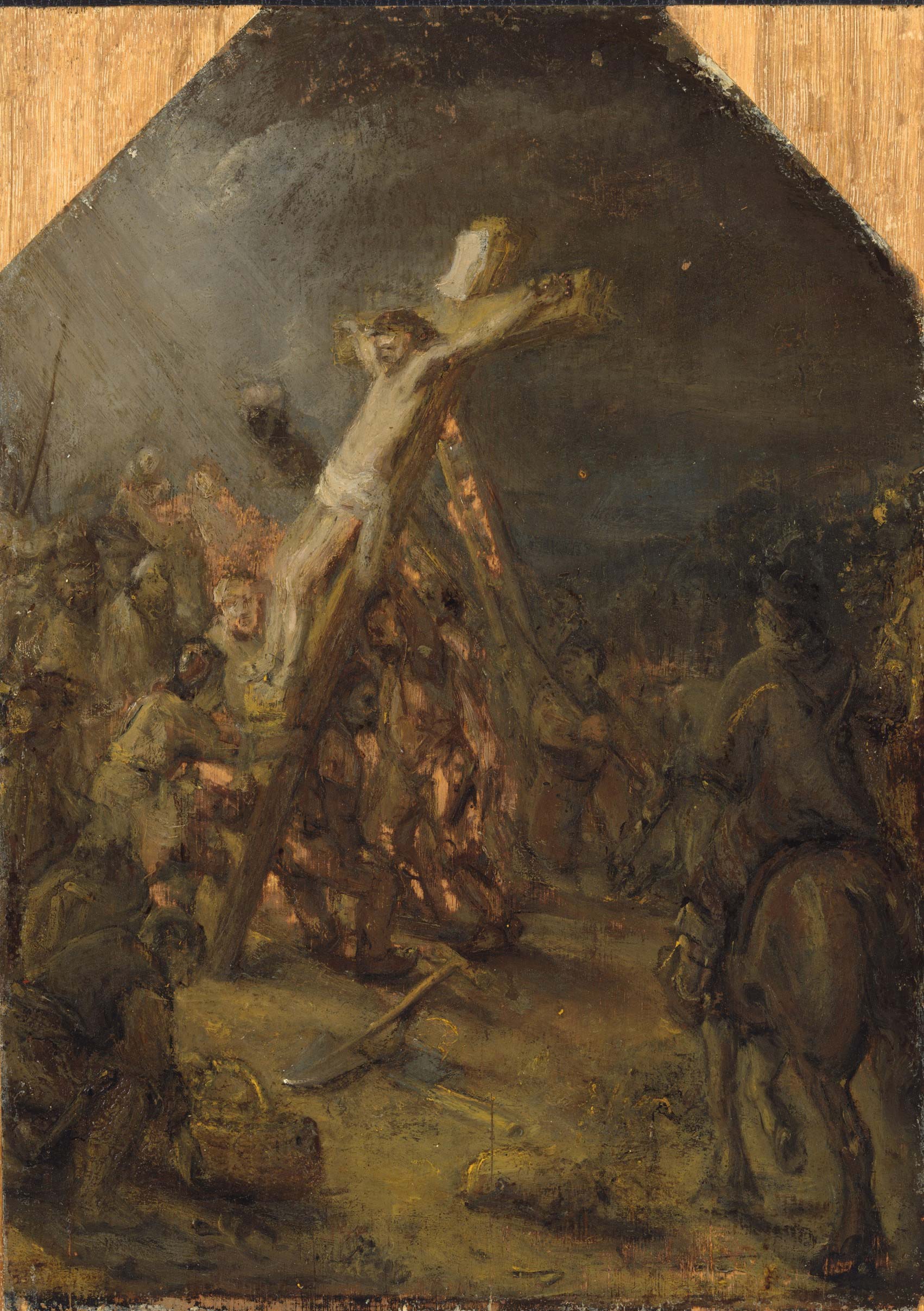 Rembrandt, L'innalzamento della croce (1642-1645 circa; olio su tavola, 38 x 27,8 cm; L'Aia, Museo Bredius) Rembrandt, L'innalzamento della croce (1642-1645 circa; olio su tavola, 38 x 27,8 cm; L'Aia, Museo Bredius)