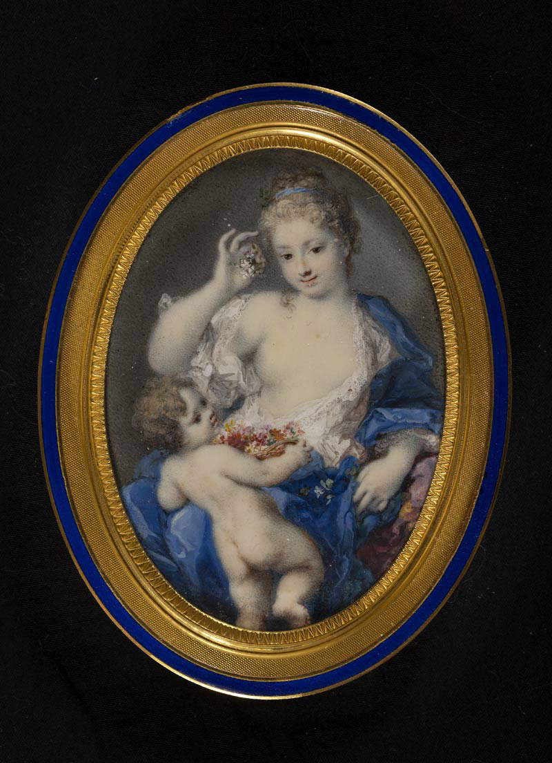 Rosalba Carriera, Flora mit Putto (Venus und Amor) (1726 - 1728; Aquarell und Gouache auf Elfenbein, 8 x 5,7 cm; London, Privatsammlung)