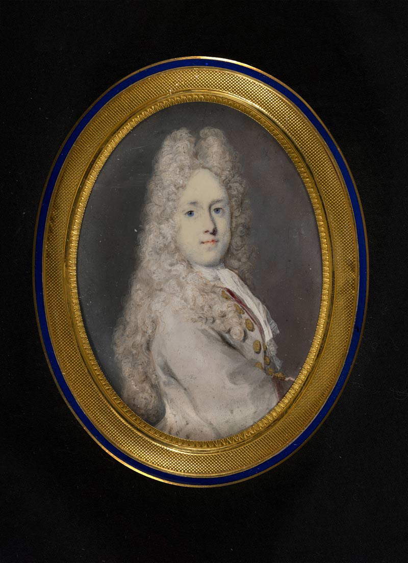 Rosalba Carriera, Porträt eines Gentleman im leichten Anzug (1720 - 1725; Aquarell und Gouache auf Elfenbein, 8,9x6,4 cm; London, Privatsammlung)