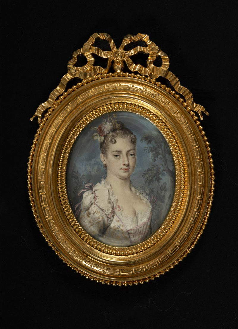 Rosalba Carriera, Porträt einer jungen Frau (1725 - 1735; Aquarell und Gouache auf Elfenbein, 6,6 x 5,4 cm; London, Privatsammlung)