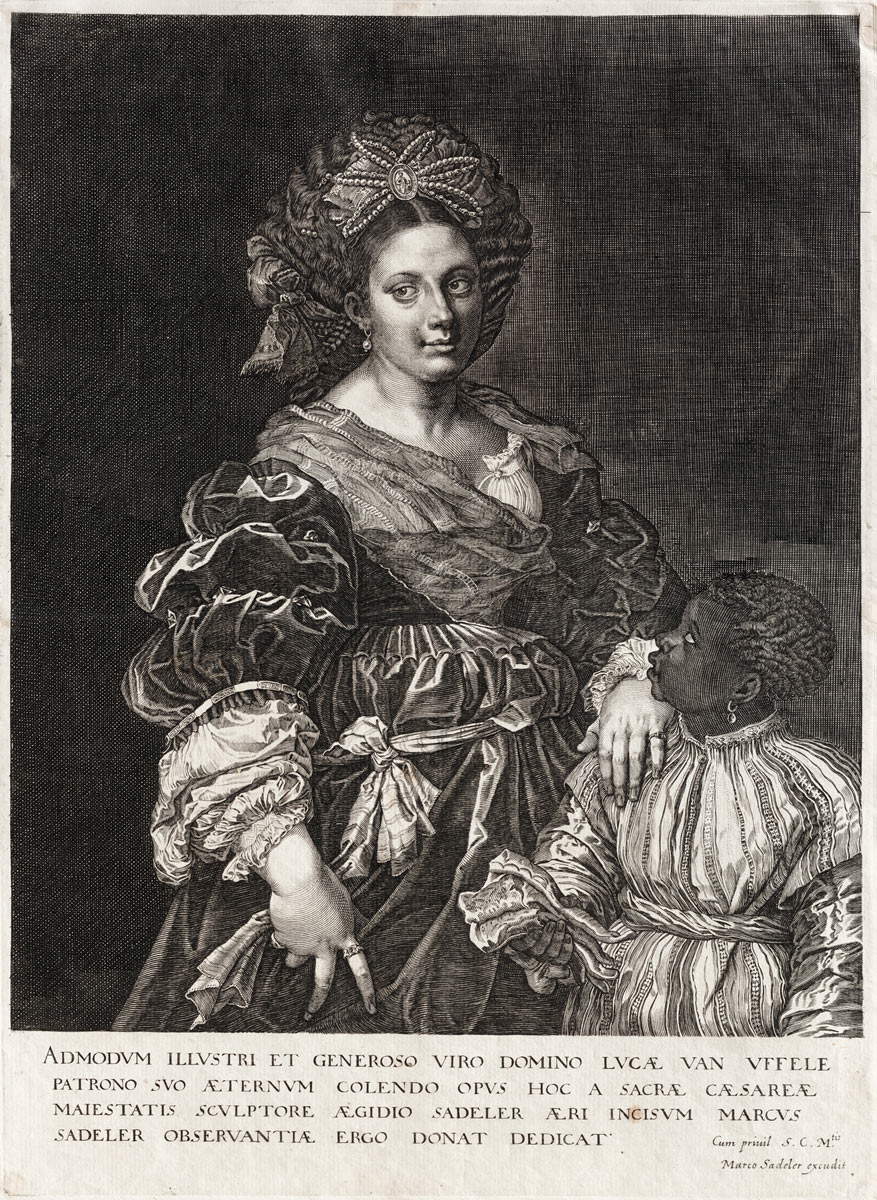 Aegidius Sadeler II, de una invención de Tiziano Vecellio, Retrato de Laura Dianti con una joven sirvienta (c. 1600-1627; buril sobre papel, 346 x 250 mm; Milán, Museo delle Culture, Biblioteca, Fondo Antiguo)
