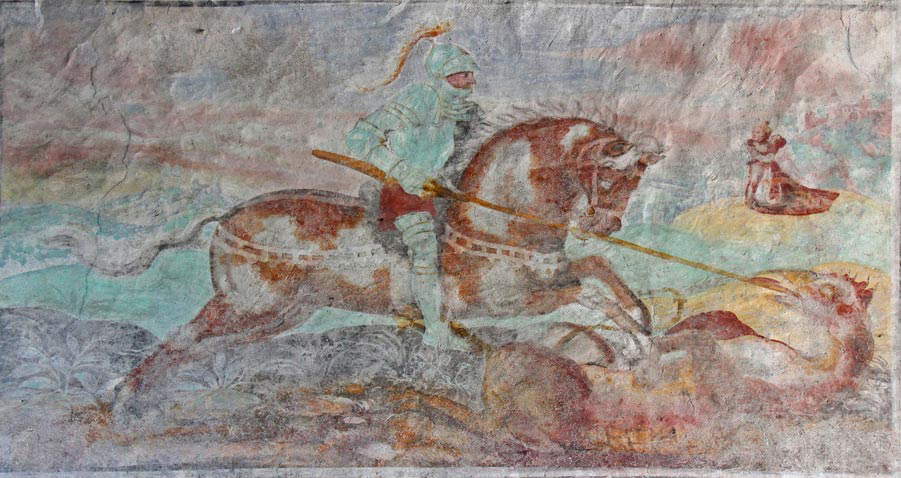 Maestro bolzanino, San Giorgio e il drago (XV secolo; affresco; Campiglio, San Martino) Maestro bolzanino, San Giorgio e il drago (XV secolo; affresco; Campiglio, San Martino)