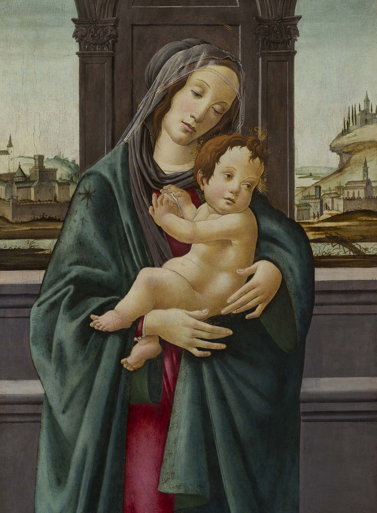 Sandro Botticelli, Madonna col Bambino (1490 circa; tempera e tempera grassa su tavola, 73,5 x 57,5 cm; Firenze, Museo Stibbert) Sandro Botticelli, Madonna col Bambino (1490 circa; tempera e tempera grassa su tavola, 73,5 x 57,5 cm; Firenze, Museo Stibbert)