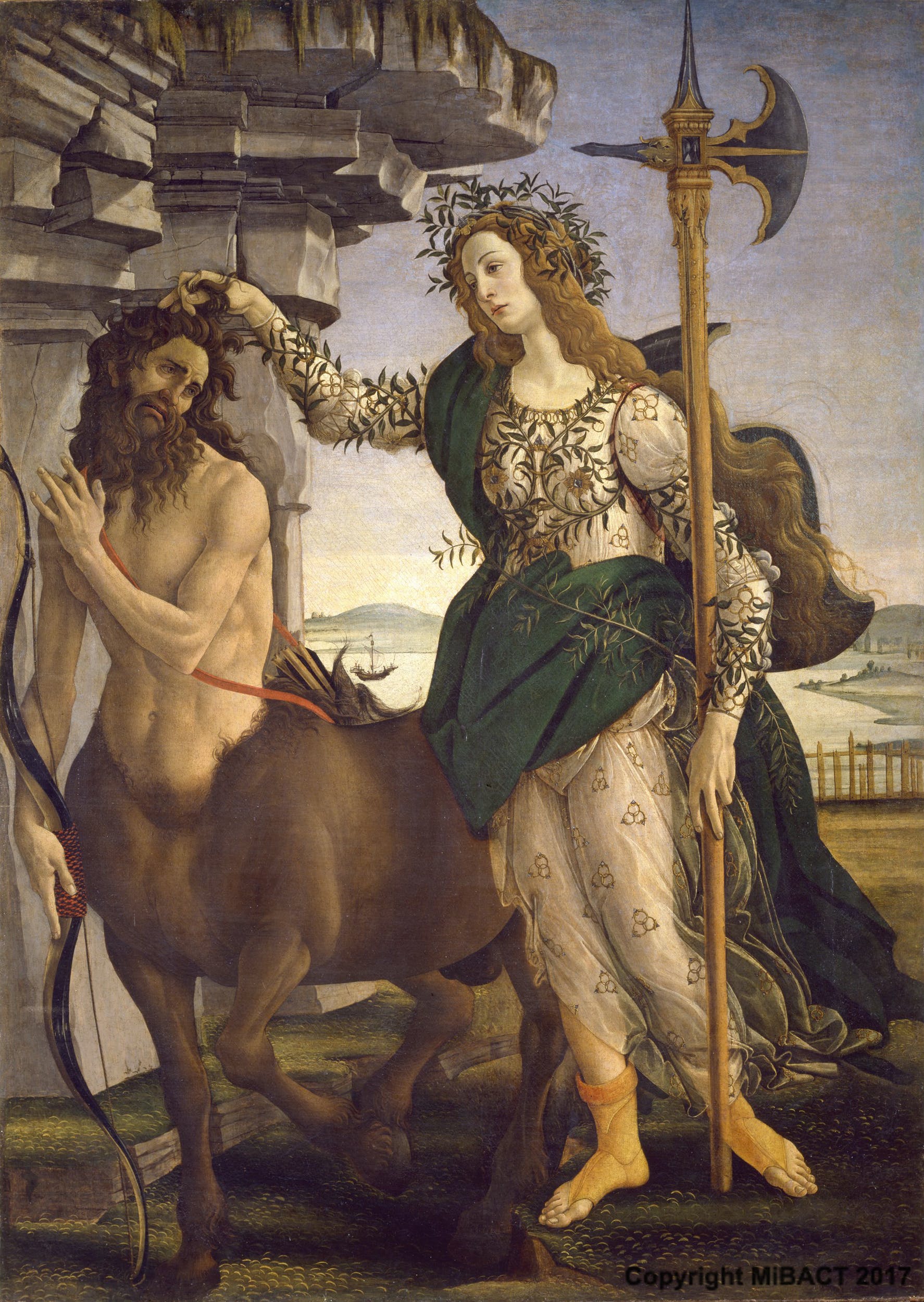 Sandro Botticelli, Pallas und der Kentaur (um 1480-1485; Tempera auf Leinwand, 207 x 148 cm; Florenz, Uffizien-Galerie) Sandro Botticelli, Pallas und der Kentaur (um 1480-1485; Tempera auf Leinwand, 207 x 148 cm; Florenz, Uffizien-Galerie)