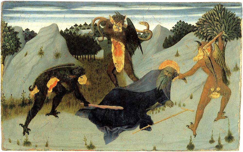 Sassetta, Der heilige Abt Antonius, von Teufeln geschlagen (um 1423; Tempera auf Tafel, 39,5 x 24,5 cm; Siena, Pinacoteca Nazionale) Sassetta, Der heilige Abt Antonius, von Teufeln geschlagen (um 1423; Tempera auf Tafel, 39,5 x 24,5 cm; Siena, Pinacoteca Nazionale)