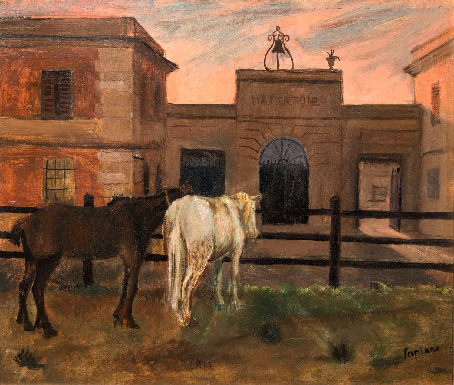 Scipione, Caballos frente al matadero (c. 1929; óleo sobre tabla, 35,8 × 41,5 cm; Colección Giuseppe Iannaccone) Scipione, Caballos frente al matadero (c. 1929; óleo sobre tabla, 35,8 × 41,5 cm; Colección Giuseppe Iannaccone)