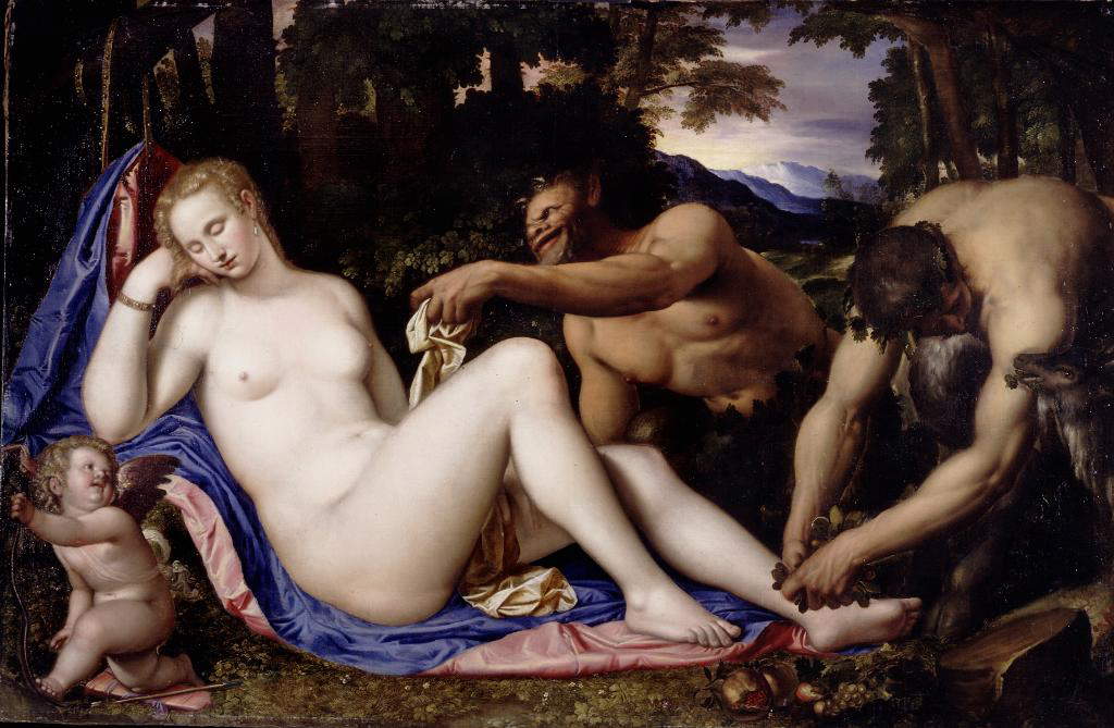 Simone Peterzano, Venus y Cupido con dos sátiros (1570-1573; óleo sobre lienzo, 135,2 x 206,9 cm; Milán, Pinacoteca di Brera)