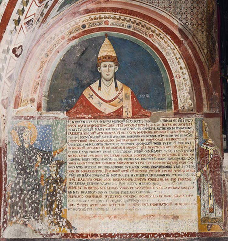 Pittore romano del primo decennio del Duecento e Conxolus, Donazione della bolla di Innocenzo III. Pittore romano del primo decennio del Duecento e Conxolus, Donazione della bolla di Innocenzo III.