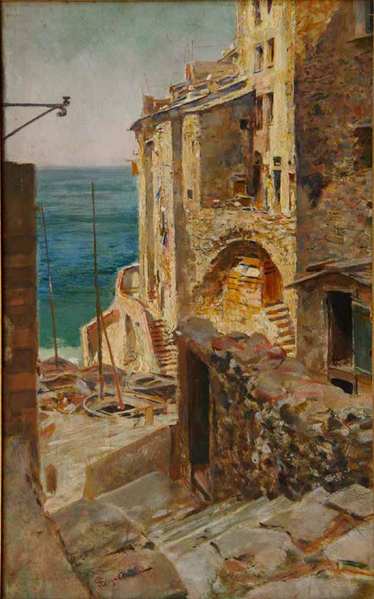 Telemaco Signorini, Effetto di luce a Riomaggiore (1892-1894; óleo sobre tabla, 28,2 x 17,6 cm; Colección particular)