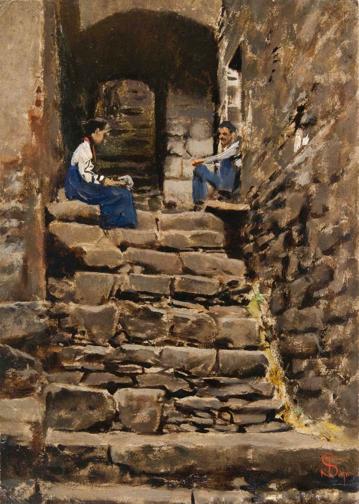 Telemaco Signorini, En la escalera de Piancastagnaio (1892-94; óleo sobre cartón, 35 x 44 cm; Pistoia, Museoarchivo Giovanni Boldini Macchiaioli) Telemaco Signorini, En la escalera de Piancastagnaio (1892-94; óleo sobre cartón, 35 x 44 cm; Pistoia, Museoarchivo Giovanni Boldini Macchiaioli)