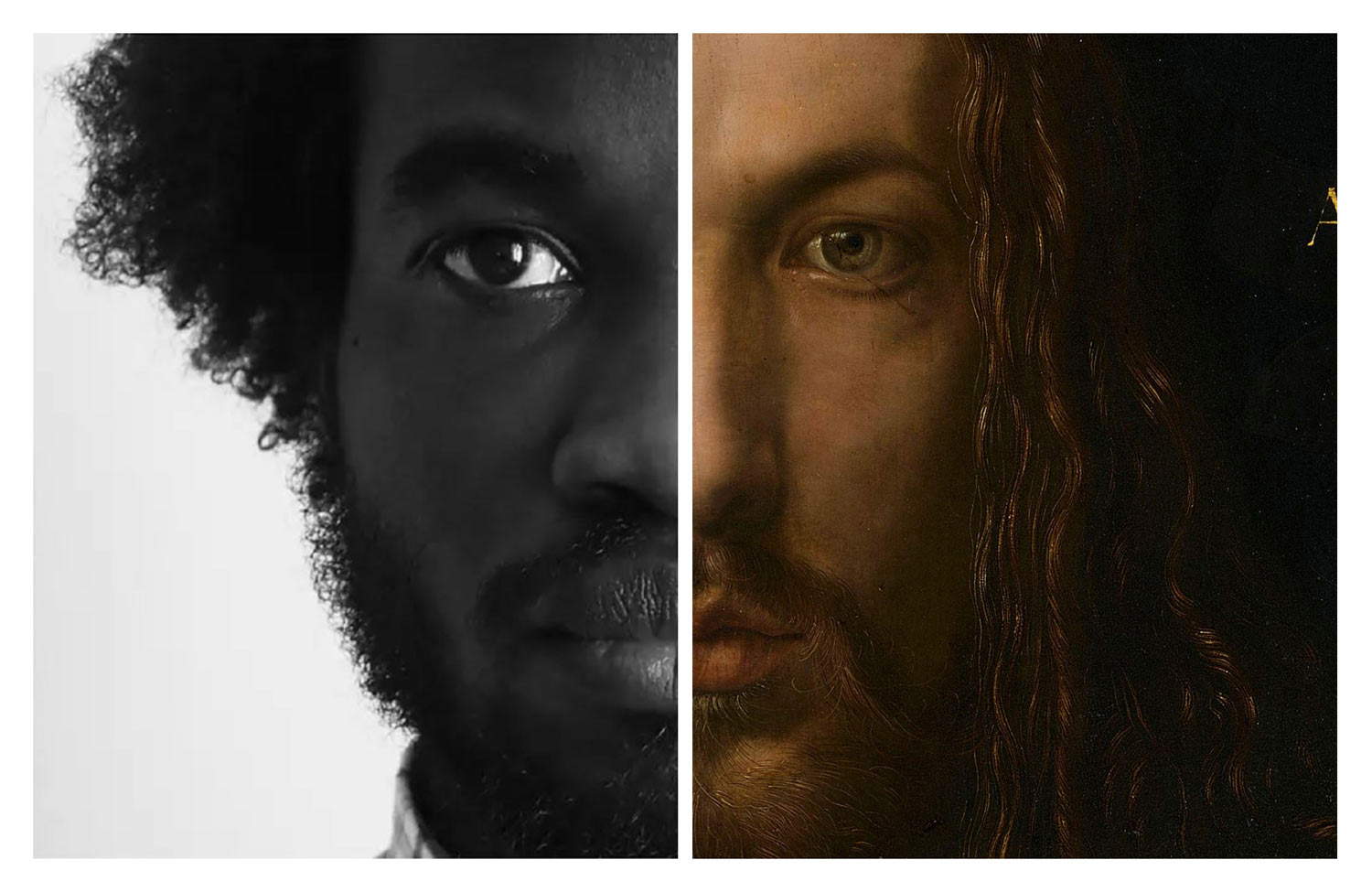 Teófilo Imani. Ecos y acuerdos, derecha Autorretrato, 2020, izquierda Alberto Durero, Autorretrato con túnica de piel (detalle), 1500