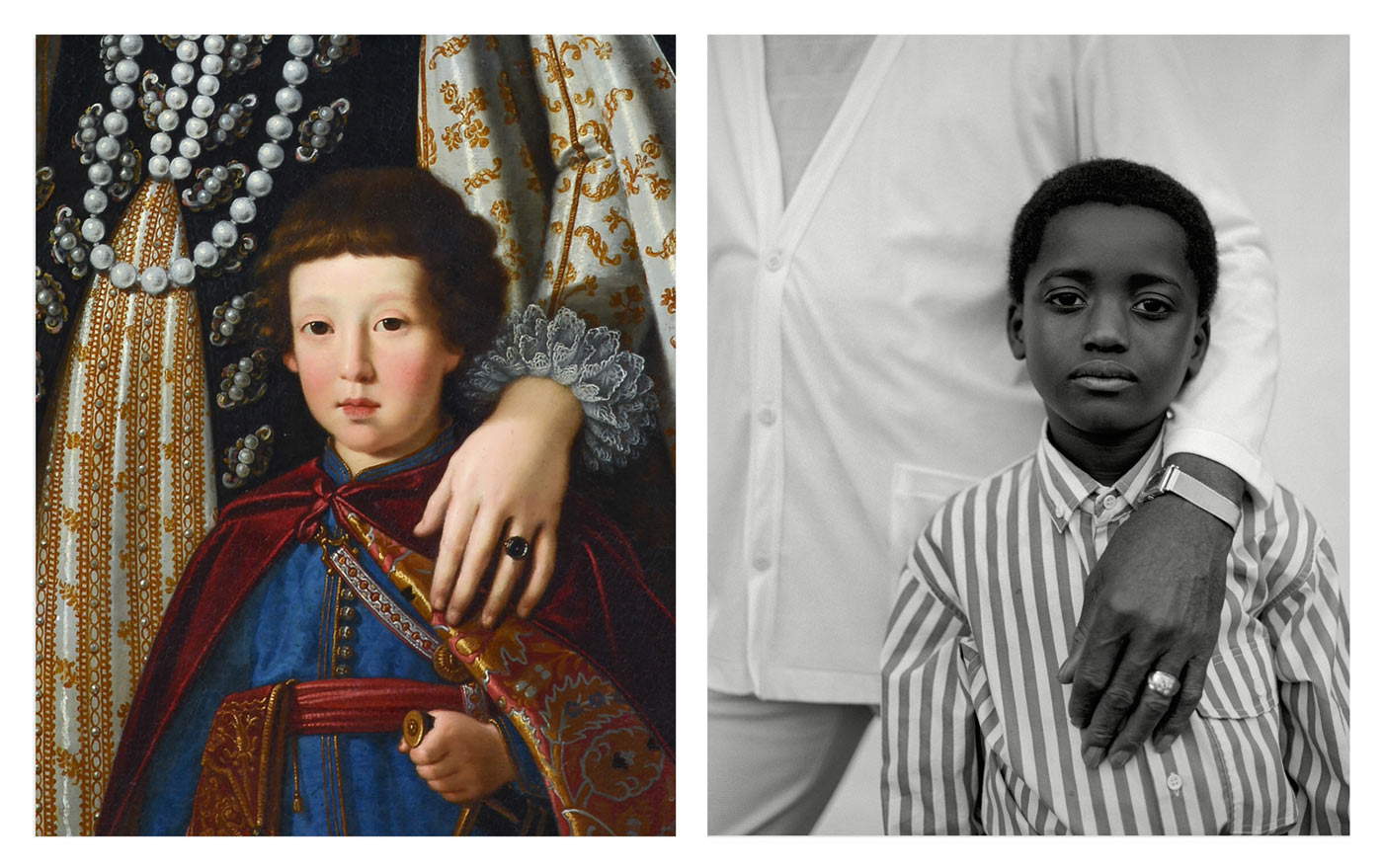 Theophilus Imani, Ecos y acuerdos, izquierda Justus Sustermans, María Magdalena de Austria (esposa del duque Cosme II de Médicis) con su hijo, el futuro Fernando II (detalle), 1622, derecha Kurt Markus, Billy Stafford, Y's for Living, Vicksburg, Mississippi, 1988