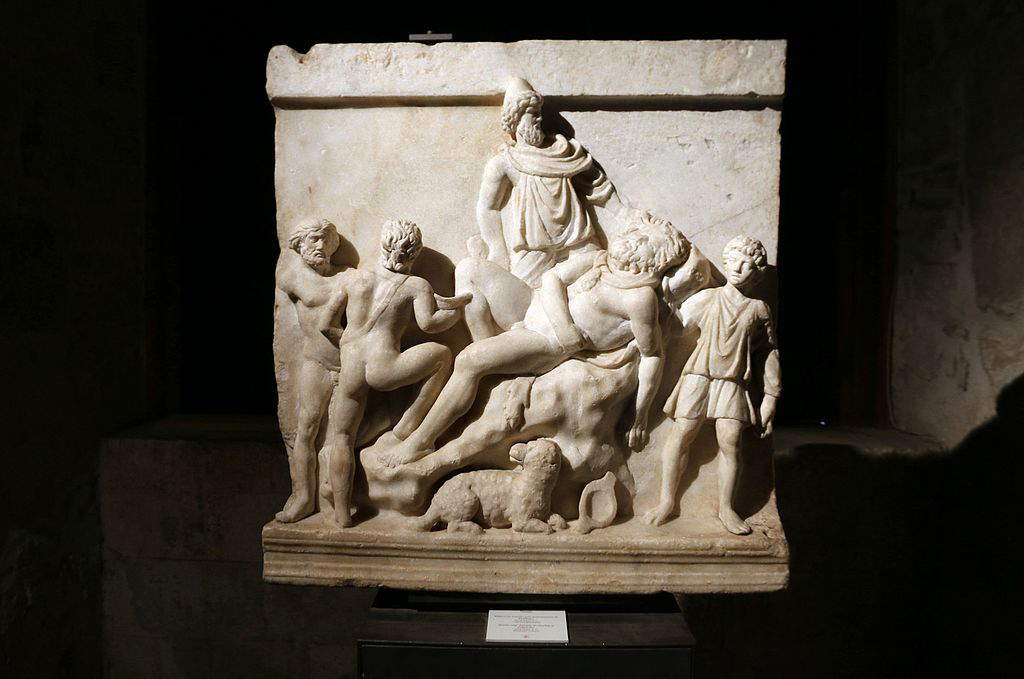 Römische Kunst, Odysseus blendet Polyphem (ca. 190 n. Chr.; Marmor; Catania, Schloss Ursino). Foto von Giovanni Dall'Orto Römische Kunst, Odysseus blendet Polyphem (ca. 190 n. Chr.; Marmor; Catania, Schloss Ursino). Foto von Giovanni Dall'Orto