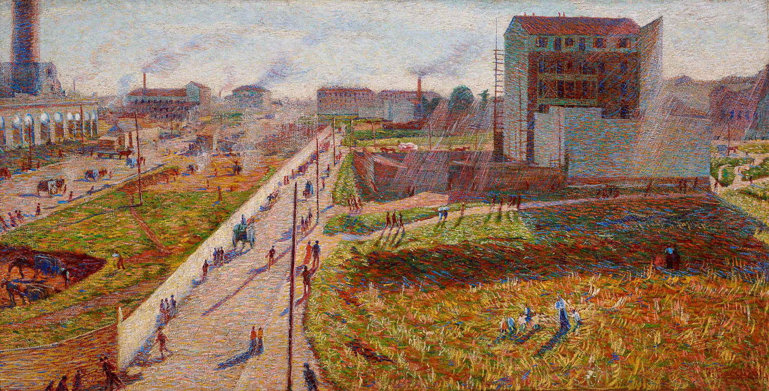 Umberto Boccioni, Meriggio. Officine a Porta Romana (1910; olio su tela, 75 x 145 cm; Milano, Gallerie d'Italia) Umberto Boccioni, Meriggio. Officine a Porta Romana (1910; olio su tela, 75 x 145 cm; Milano, Gallerie d'Italia)