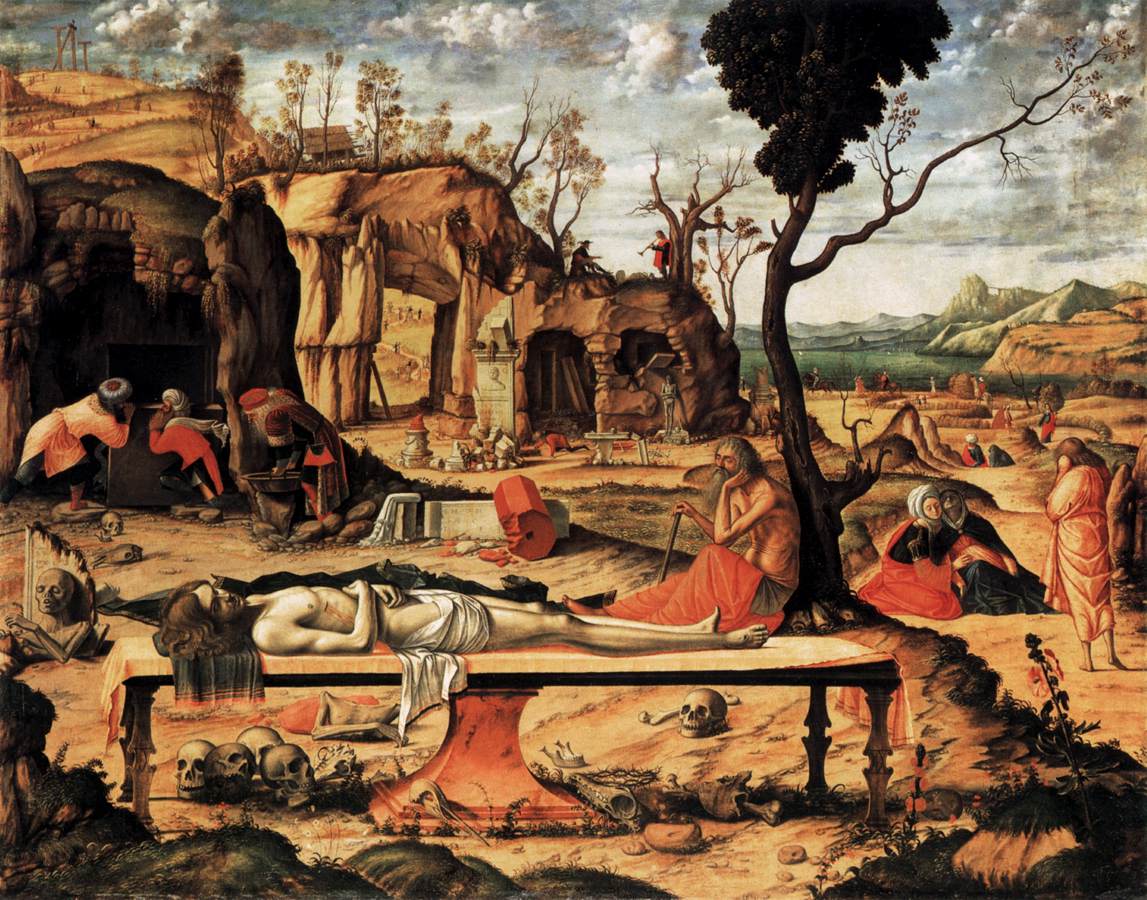 Vittore Carpaccio, Cristo morto (1520 circa; tempera su tela, 145 x 185 cm; Berlino, Gemäldegalerie) Vittore Carpaccio, Cristo morto (1520 circa; tempera su tela, 145 x 185 cm; Berlino, Gemäldegalerie)