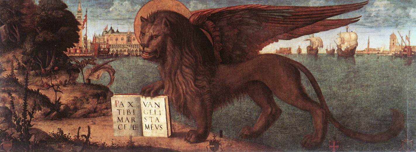 Vittore Carpaccio, Leone di san Marco (1516; tempera su tela, 130 x 368 cm; Venezia, Palazzo Ducale) Vittore Carpaccio, Leone di san Marco (1516; tempera su tela, 130 x 368 cm; Venezia, Palazzo Ducale)