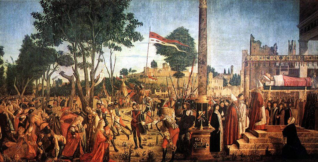 Vittore Carpaccio, Martirio e funerali di sant'Orsola, dalle Storie di sant'Orsola (1493; tempera su tela, 271 x 561 cm; Venezia, Gallerie dell'Accademia) Vittore Carpaccio, Martirio e funerali di sant'Orsola, dalle Storie di sant'Orsola (1493; tempera su tela, 271 x 561 cm; Venezia, Gallerie dell'Accademia)