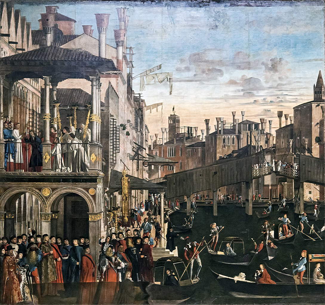 Vittore Carpaccio, Miracolo della Croce a Rialto (1496 circa; tempera su tela, 365 x 389 cm; Venezia, Gallerie dell'Accademia) Vittore Carpaccio, Miracolo della Croce a Rialto (1496 circa; tempera su tela, 365 x 389 cm; Venezia, Gallerie dell'Accademia)