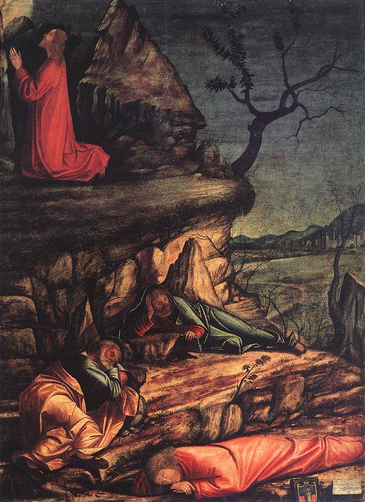 Vittore Carpaccio, Orazione nell'orto (1502; tempera su tavola, 141 x 107 cm; Venezia, Scuola di San Giorgio degli Schiavoni) Vittore Carpaccio, Orazione nell'orto (1502; tempera su tavola, 141 x 107 cm; Venezia, Scuola di San Giorgio degli Schiavoni)