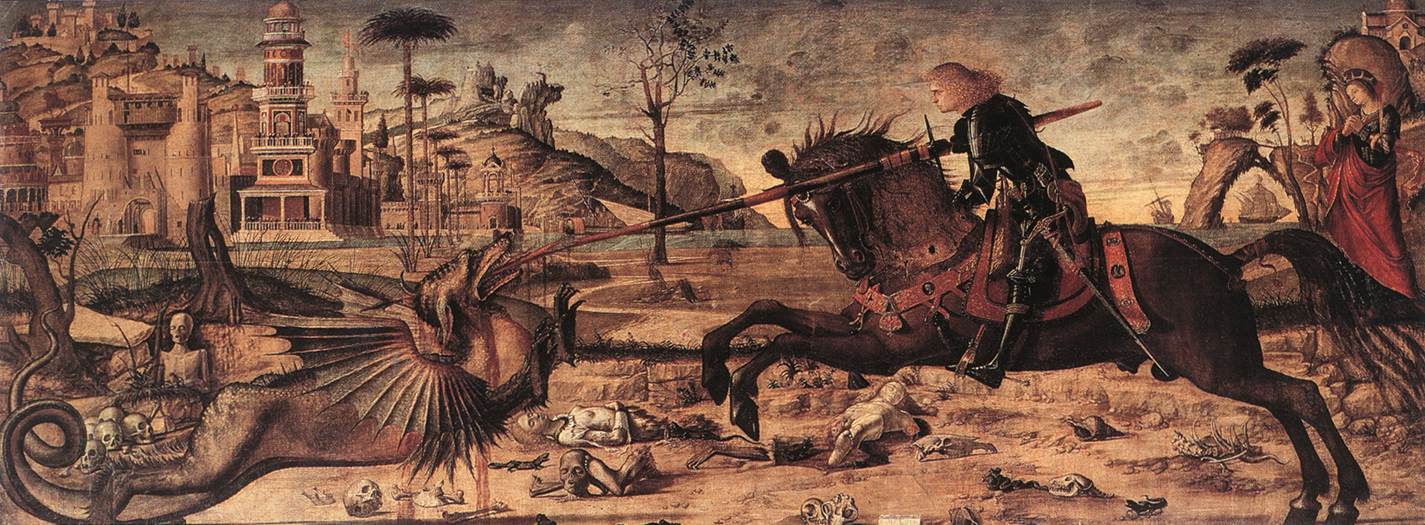 Vittore Carpaccio, San Giorgio e il drago, dalle Storie di san Giorgio (1502; tempera su tavola, 141 x 360 cm; Venezia, Scuola di San Giorgio degli Schiavoni) Vittore Carpaccio, San Giorgio e il drago, dalle Storie di san Giorgio (1502; tempera su tavola, 141 x 360 cm; Venezia, Scuola di San Giorgio degli Schiavoni)