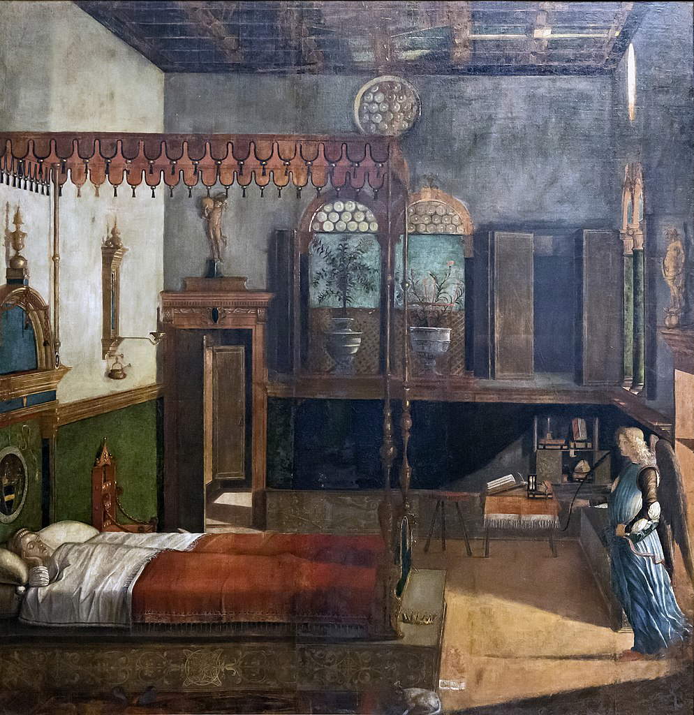 Vittore Carpaccio, Sogno di sant'Orsola, dalle Storie di sant'Orsola (1495; tempera su tela, 274 x 267 cm; Venezia, Gallerie dell'Accademia) Vittore Carpaccio, Sogno di sant'Orsola, dalle Storie di sant'Orsola (1495; tempera su tela, 274 x 267 cm; Venezia, Gallerie dell'Accademia)