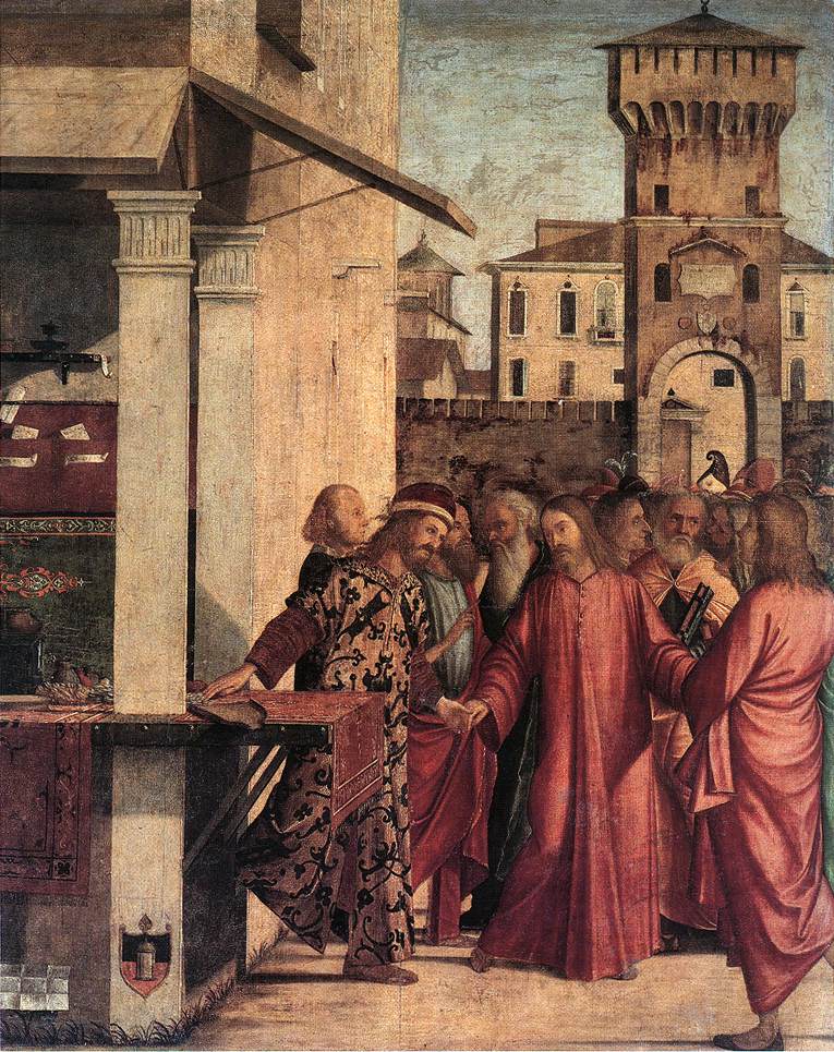 Vittore Carpaccio, Vocazione di san Matteo (1502; tempera su tavola, 141 x 115 cm; Venezia, Scuola di San Giorgio degli Schiavoni) Vittore Carpaccio, Vocazione di san Matteo (1502; tempera su tavola, 141 x 115 cm; Venezia, Scuola di San Giorgio degli Schiavoni)
