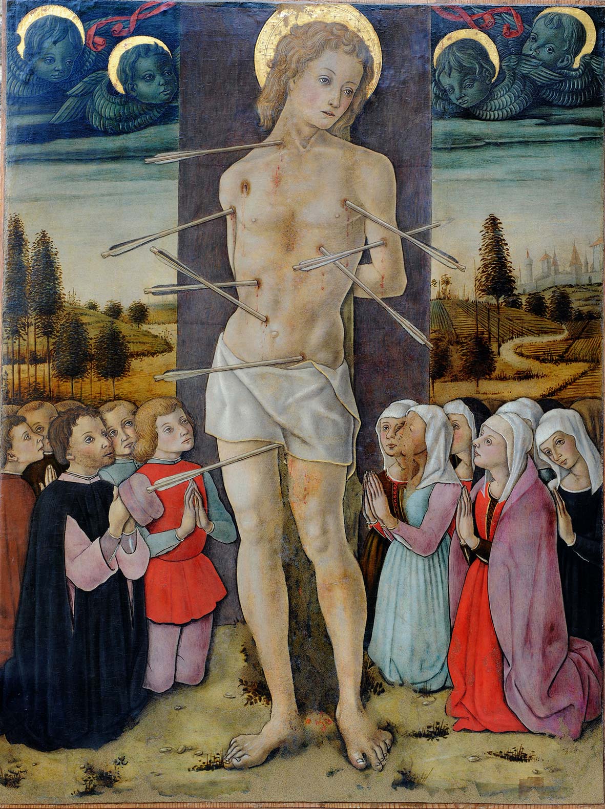 Vittore Crivelli, Saint Sébastien et les dévots (tempera et or sur panneau, 164 x 112 cm ; Urbino, Galleria Nazionale delle Marche, Depositi) Vittore Crivelli, Saint Sébastien et les dévots (tempera et or sur panneau, 164 x 112 cm ; Urbino, Galleria Nazionale delle Marche, Depositi)