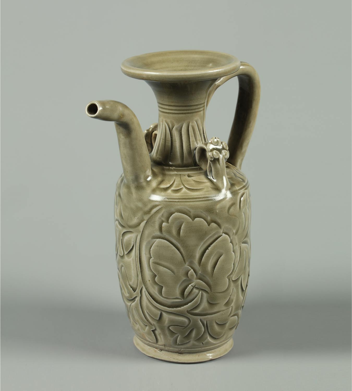 Yaozhou Furnaces, Pitcher with peony motif (Northern Song Dynasty - 960-1127; Stoneware with blue-green glaze, height 21.5 cm; Shang Shan Tang Collection)