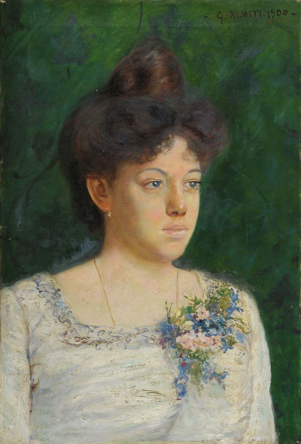 Gino Romiti, Porträt einer Frau mit Myosotis (1900; Öl auf Leinwand, 57 x 39 cm; Privatsammlung) Gino Romiti, Porträt einer Frau mit Myosotis (1900; Öl auf Leinwand, 57 x 39 cm; Privatsammlung)