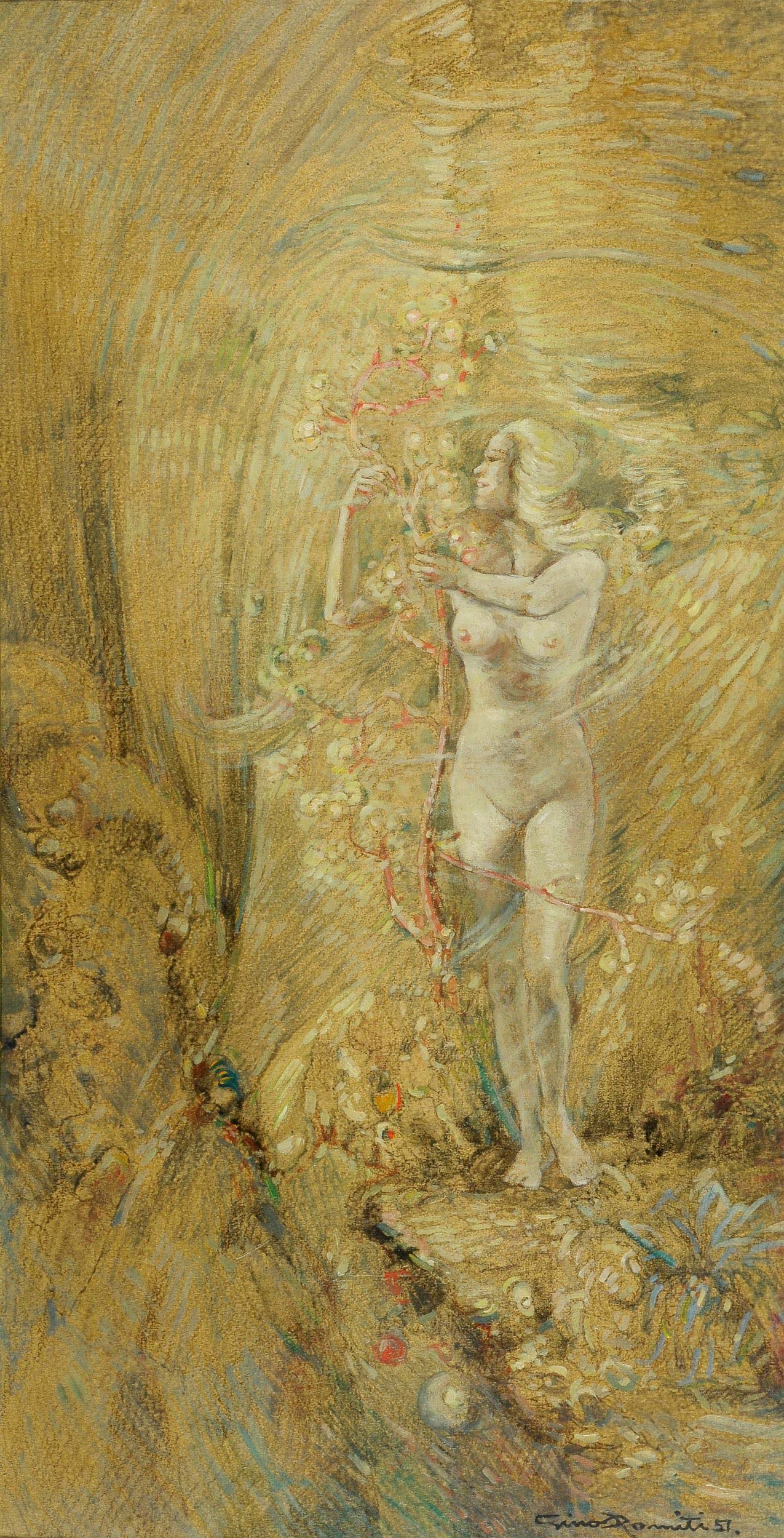 Gino Romiti, Die Meerjungfrau (1957; Öl auf Tafel, 47,5 x 24 cm; Privatsammlung) Gino Romiti, Die Meerjungfrau (1957; Öl auf Tafel, 47,5 x 24 cm; Privatsammlung)