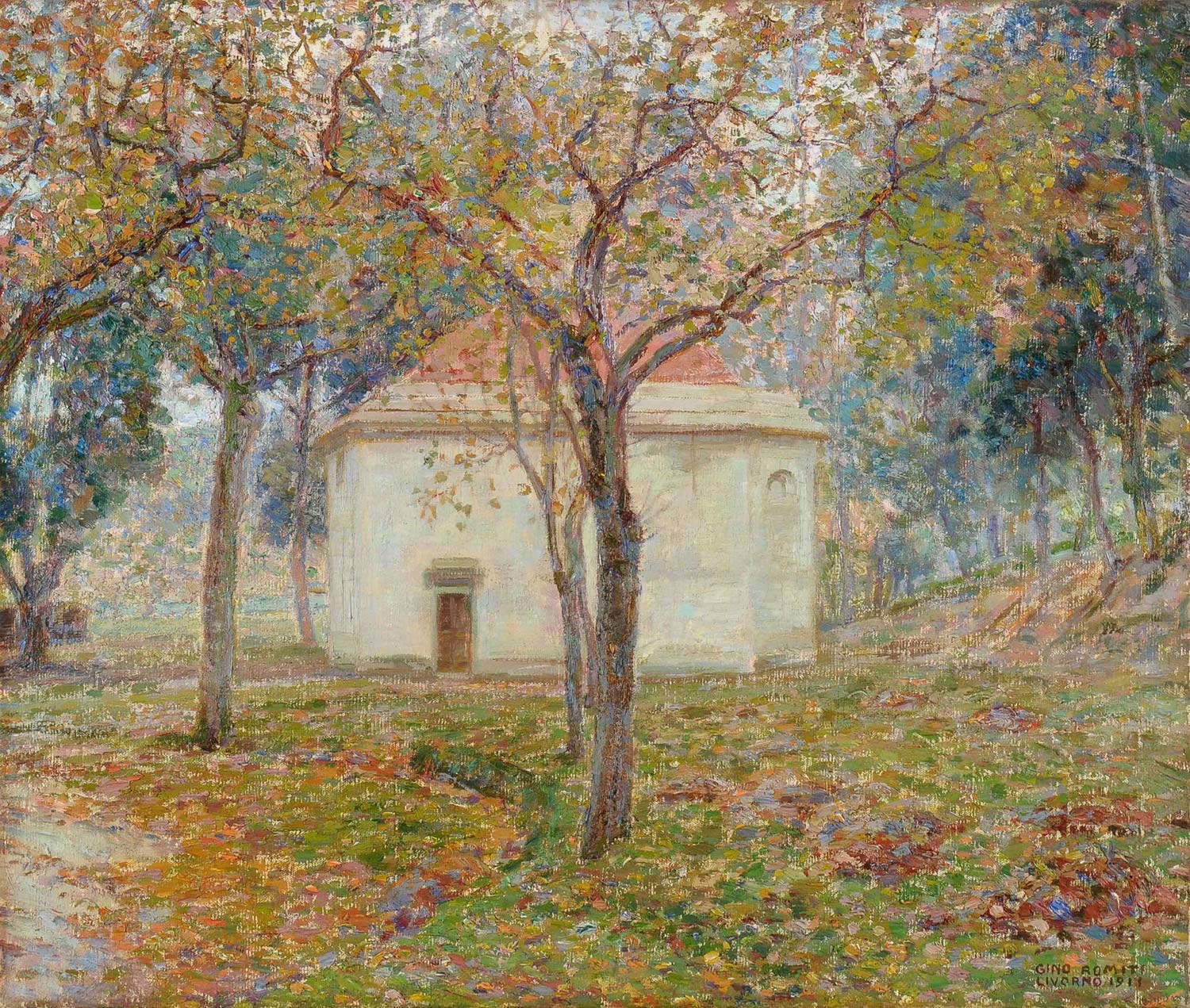 Gino Romiti, Tempietto nel parco o Il Cisternino (1911; Öl auf Leinwand, 50 x 60 cm; Privatsammlung). Mit freundlicher Genehmigung von 800/900 Artstudio, Livorno Gino Romiti, Tempietto nel parco o Il Cisternino (1911; Öl auf Leinwand, 50 x 60 cm; Privatsammlung). Mit freundlicher Genehmigung von 800/900 Artstudio, Livorno