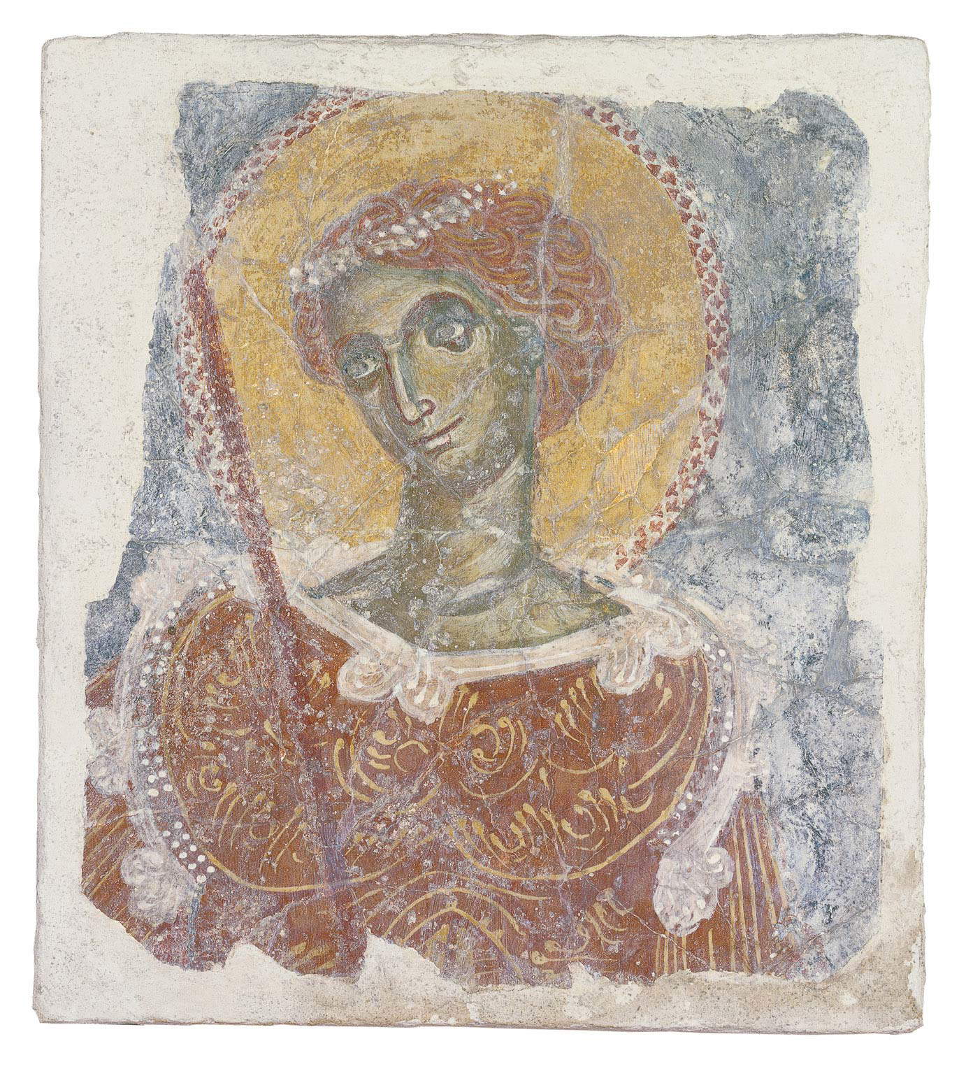 Pintura mural con santo militar de medio cuerpo (finales del siglo XIII; Atenas, Museo Cristiano y Bizantino) Pintura mural con santo militar de medio cuerpo (finales del siglo XIII; Atenas, Museo Cristiano y Bizantino)
