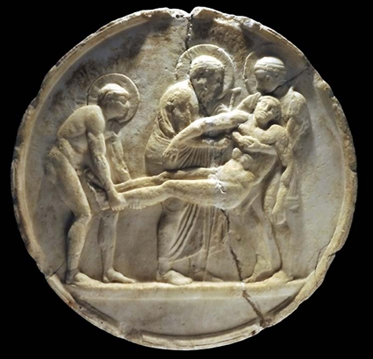 Oscillum con escena de deposición (época romana con retoques del siglo XVI; mármol; Velletri, Museo Cívico Arqueológico Oreste Nardini, inv. 405)