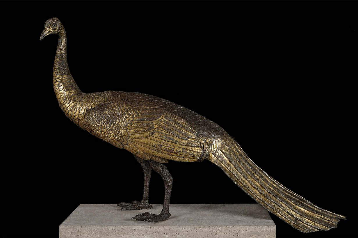 Pavo real (época de Adriano, 130-140 d.C.; bronce dorado; Ciudad del Vaticano, Museos Vaticanos, inv. MV.5117)