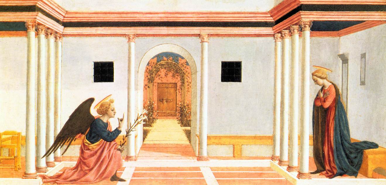 Domenico Veneziano, Verkündigung, aus der Predella des Magnoli-Altars (1445-1447; Tempera auf Tafel, 27,3 x 54 cm; Cambridge, Fitzwilliam Museum) Domenico Veneziano, Verkündigung, aus der Predella des Magnoli-Altars (1445-1447; Tempera auf Tafel, 27,3 x 54 cm; Cambridge, Fitzwilliam Museum)