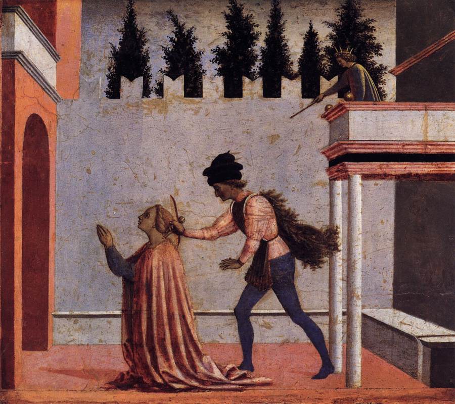 Domenico Veneziano, Wunder des Heiligen Zanobi, aus der Predella des Magnoli-Altars (1445-1447; Tempera auf Tafel, 32 x 28 cm; Cambridge, Fitzwilliam Museum) Domenico Veneziano, Martyrium der Heiligen Lucia, aus der Predella des Magnoli-Altars (1445-1447; Tempera auf Tafel, 25 x 29 cm; Berlin, Staatliche Museen)