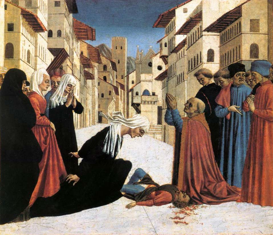 Domenico Veneziano, Wunder des Heiligen Zanobi, aus der Predella des Magnoli-Altars (1445-1447; Tempera auf Tafel, 32 x 28 cm; Cambridge, Fitzwilliam Museum) Domenico Veneziano, Wunder des Heiligen Zanobi, aus der Predella des Magnoli-Altars (1445-1447; Tempera auf Tafel, 32 x 28 cm; Cambridge, Fitzwilliam Museum)