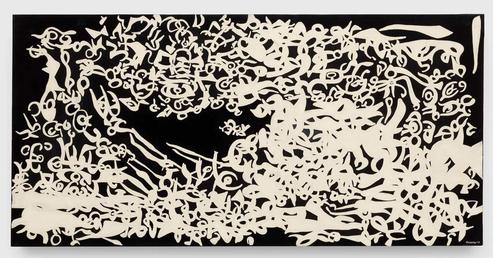 Carla Accardi, Integration Nr. 7 (1957; Kasein auf Leinwand, 102,9 x 209 cm) Carla Accardi, Integration Nr. 7 (1957; Kasein auf Leinwand, 102,9 x 209 cm)
